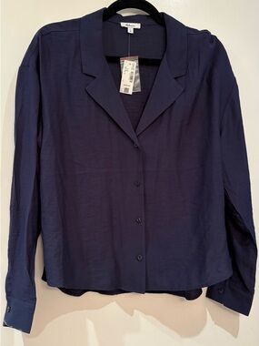 Deep Navy Button-Front Long Sleeve Blouse